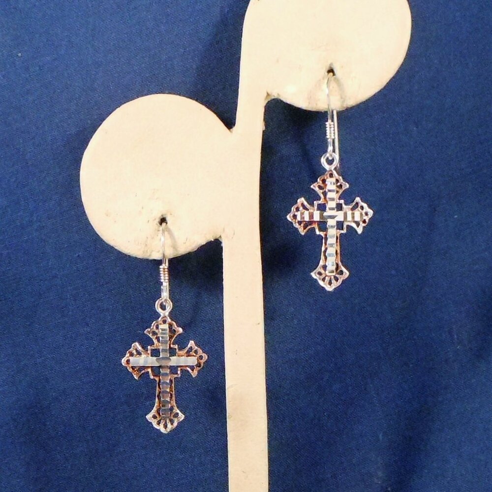 Sterling Silver Two-Tone Cross Dangle Earrings With Unique Reflective Design
